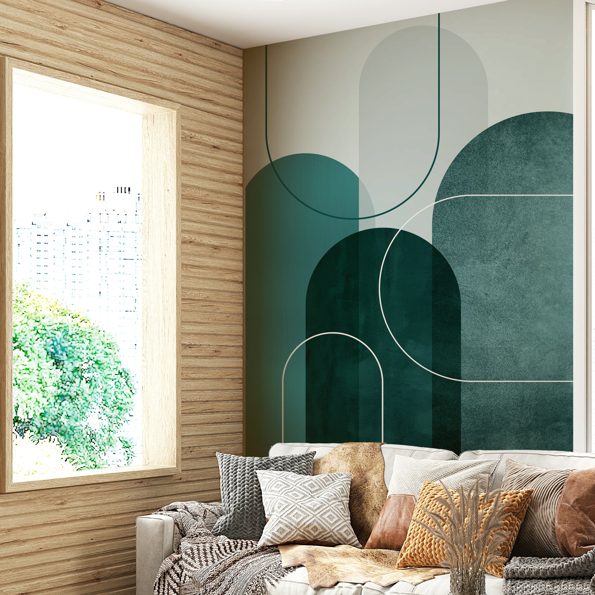 Modern teal arches wall mural for contemporary spaces.


