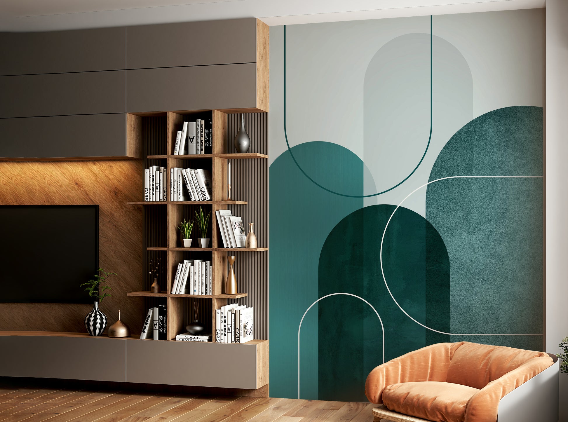 Elegant modern teal arches wall mural for chic rooms.


