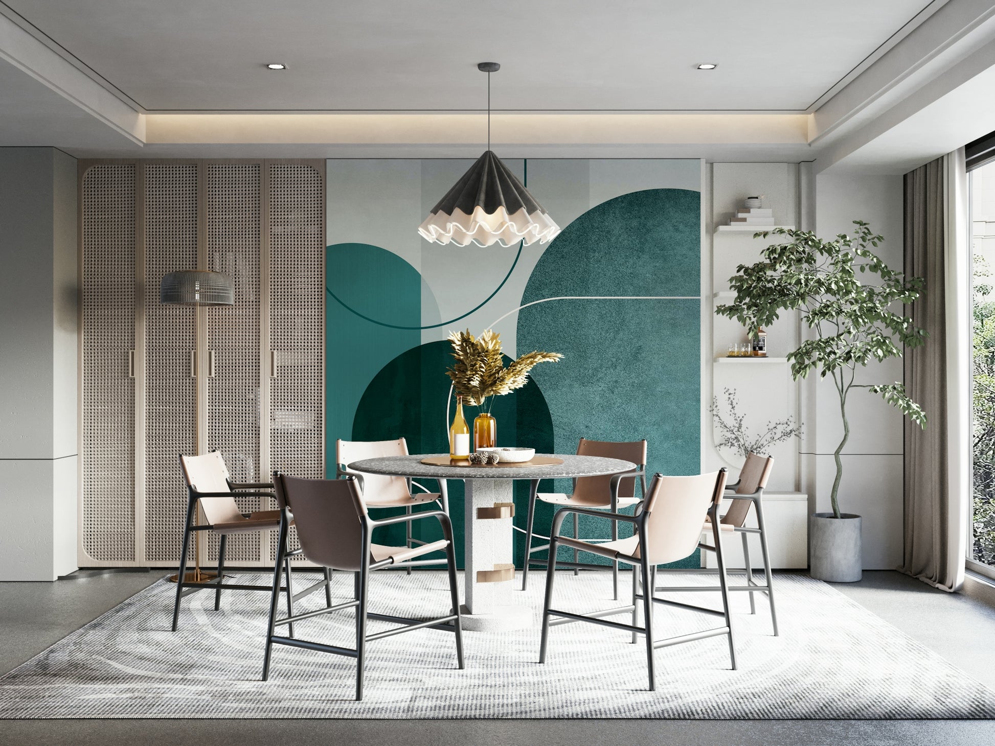 Teal arches mural adds a bold modern touch to walls.

