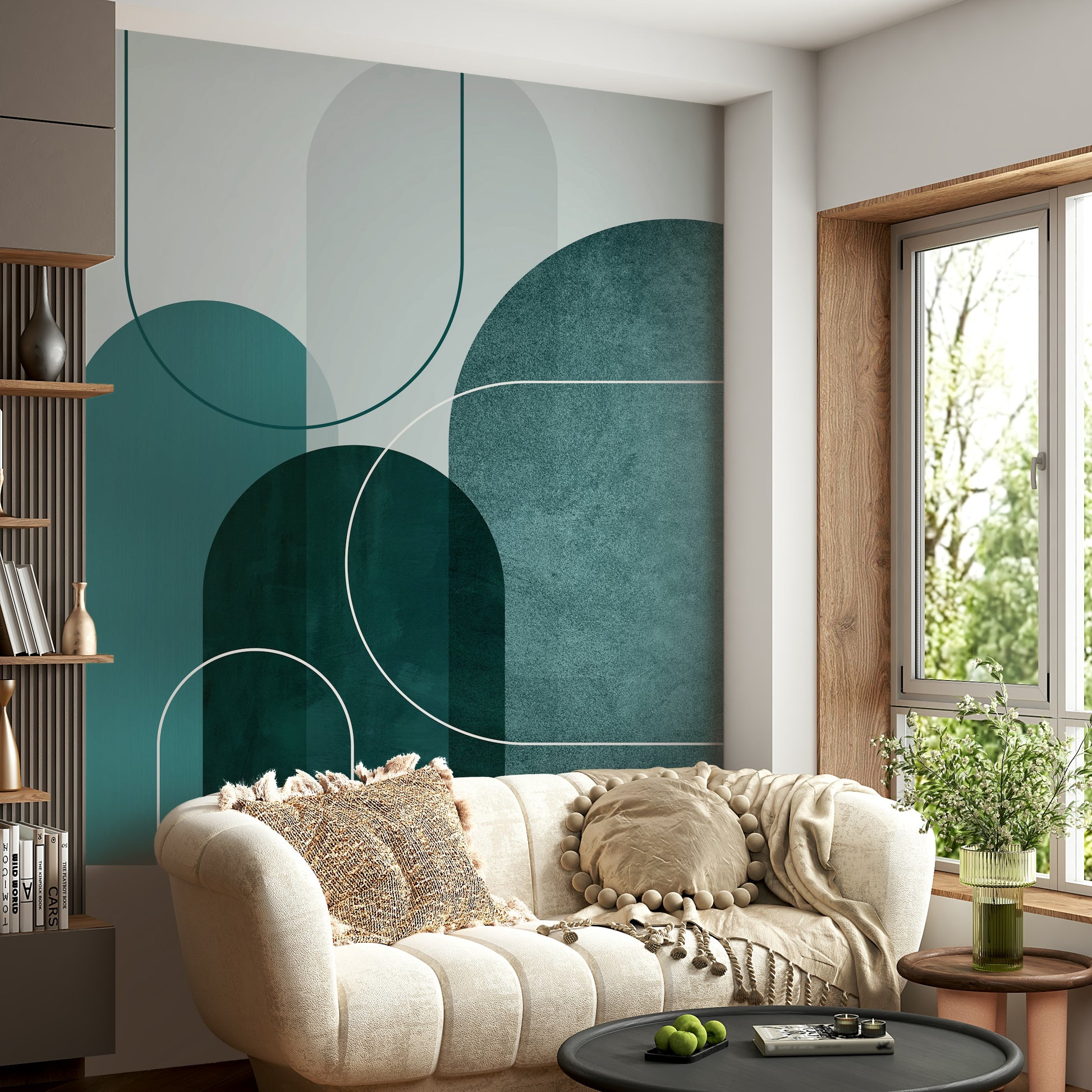Abstract modern teal arches mural for stylish rooms.

