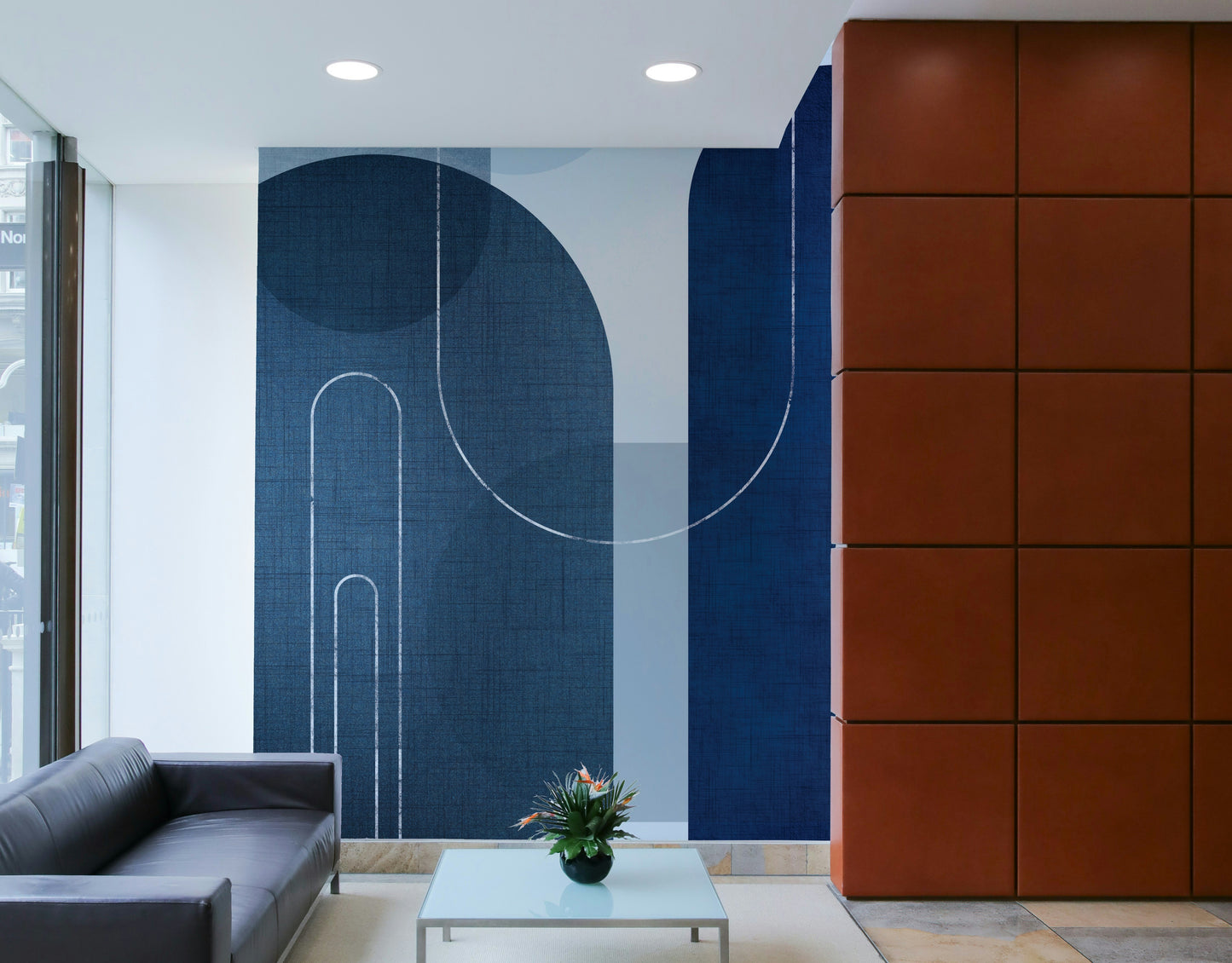 Mid Century Blue Linen Mural for Modern Walls

