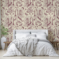 Intricate Burgundy Toile de Jouy Wallpaper for Rooms

