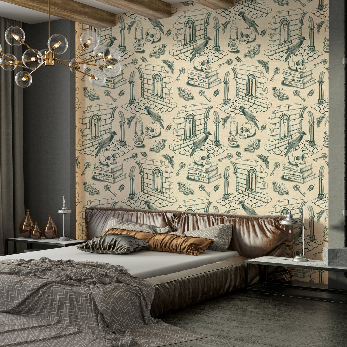 Dark Academia Ivy Green Toile de Jouy Wallpaper


