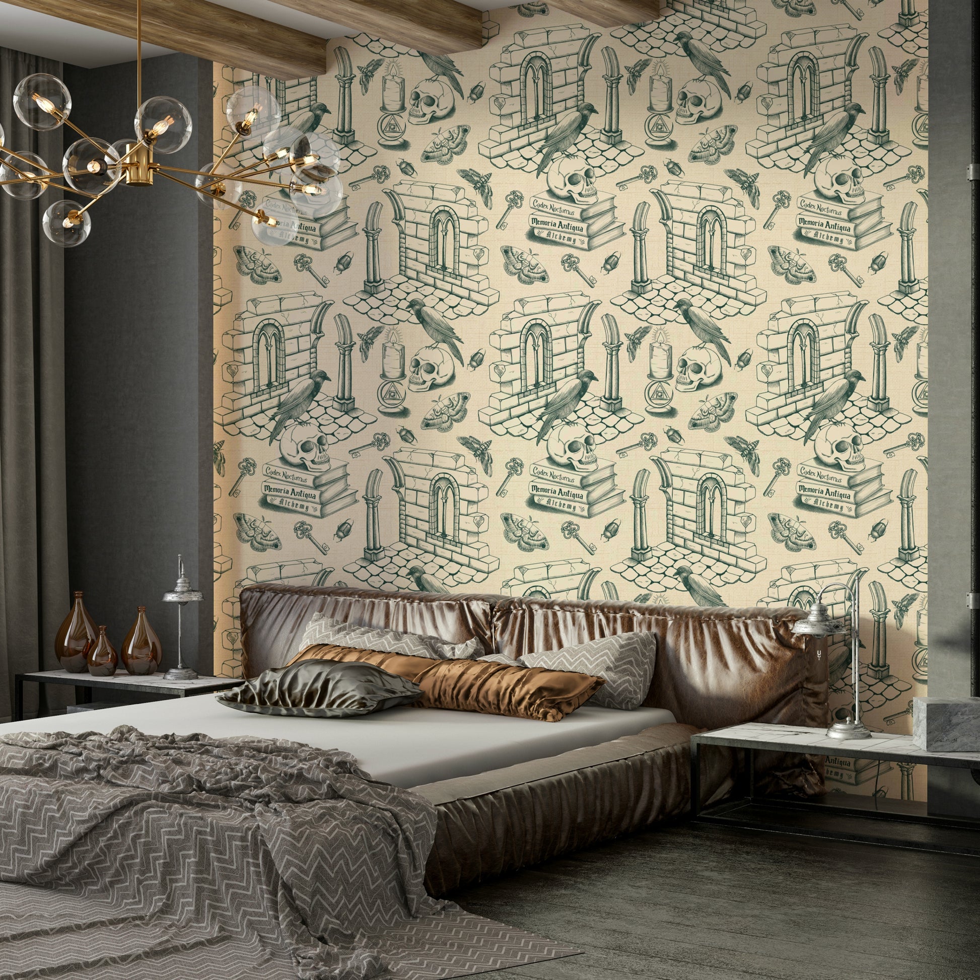Dark Academia Ivy Green Toile de Jouy Wallpaper

