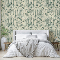 Vintage Ivy Green Toile de Jouy Wallpaper with Ivy Leaves

