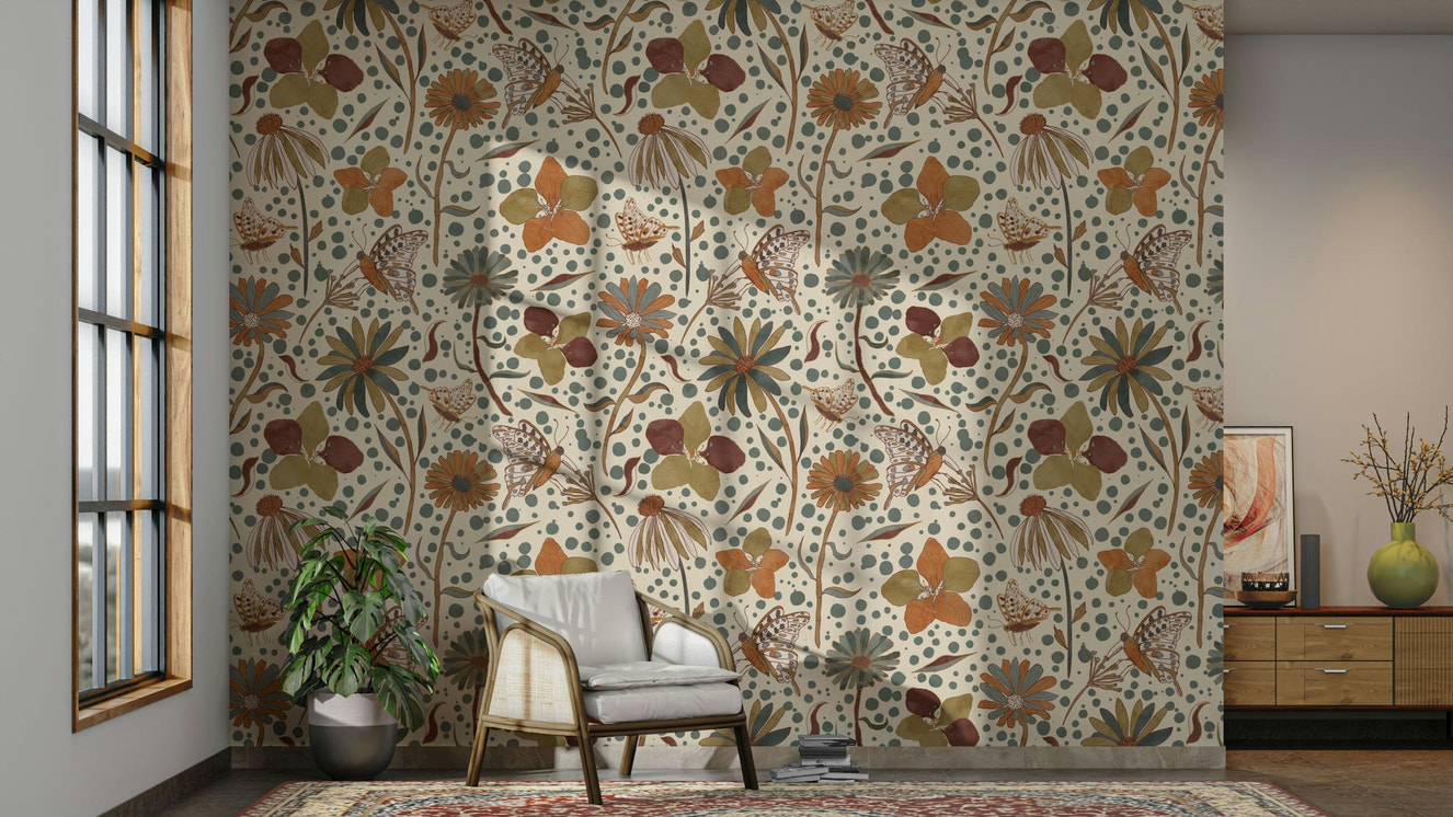 Rustic floral wallpaper with hints of gold and butterflies.

