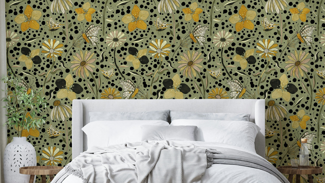 Dreamy wall design with layered blooms and graceful insects.

