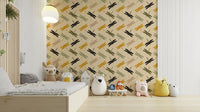 Mustard green wallpaper with dragonflies in flight.

