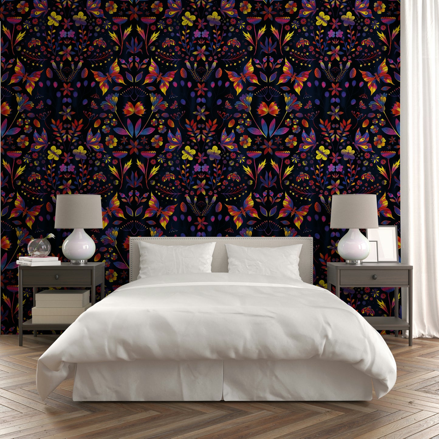 Spring-inspired mural with glowing florals and lush greenery.

