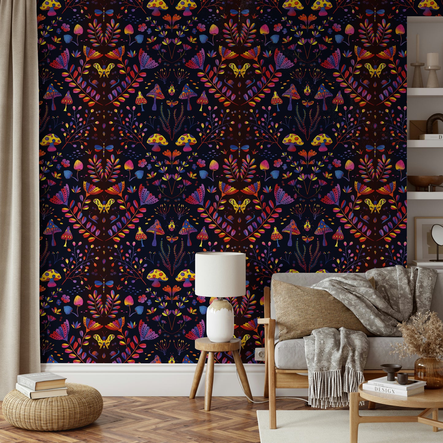 Pastel-toned wallpaper with whimsical flowers and soft texture.

