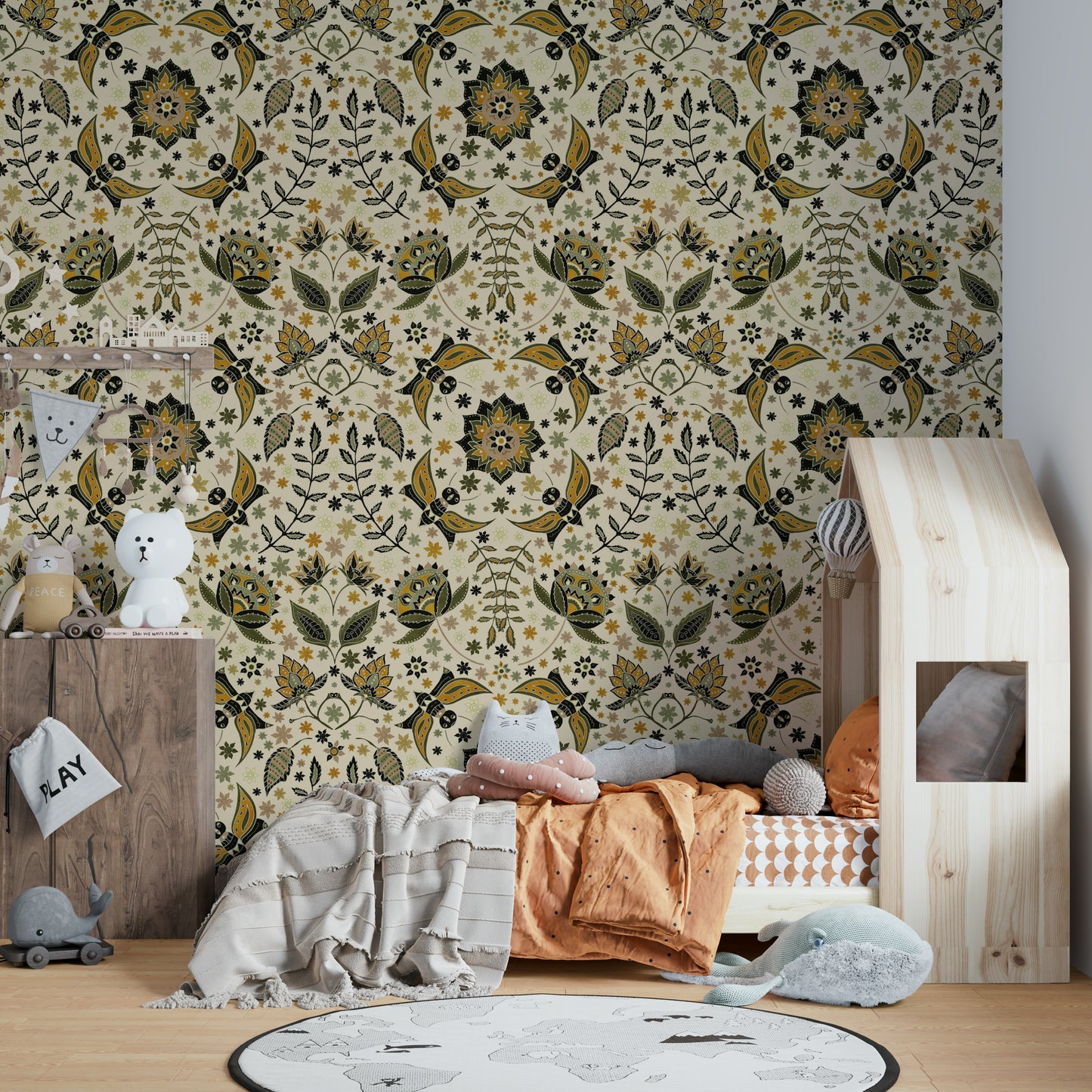 Whimsical moth wallpaper in gold and green garden tones.

