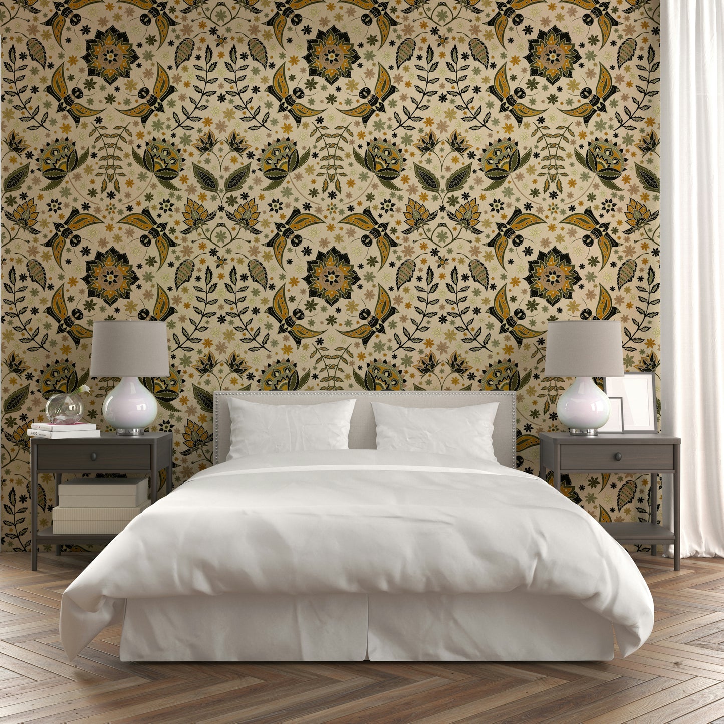 Dark floral background with shimmering gold moths and vines.

