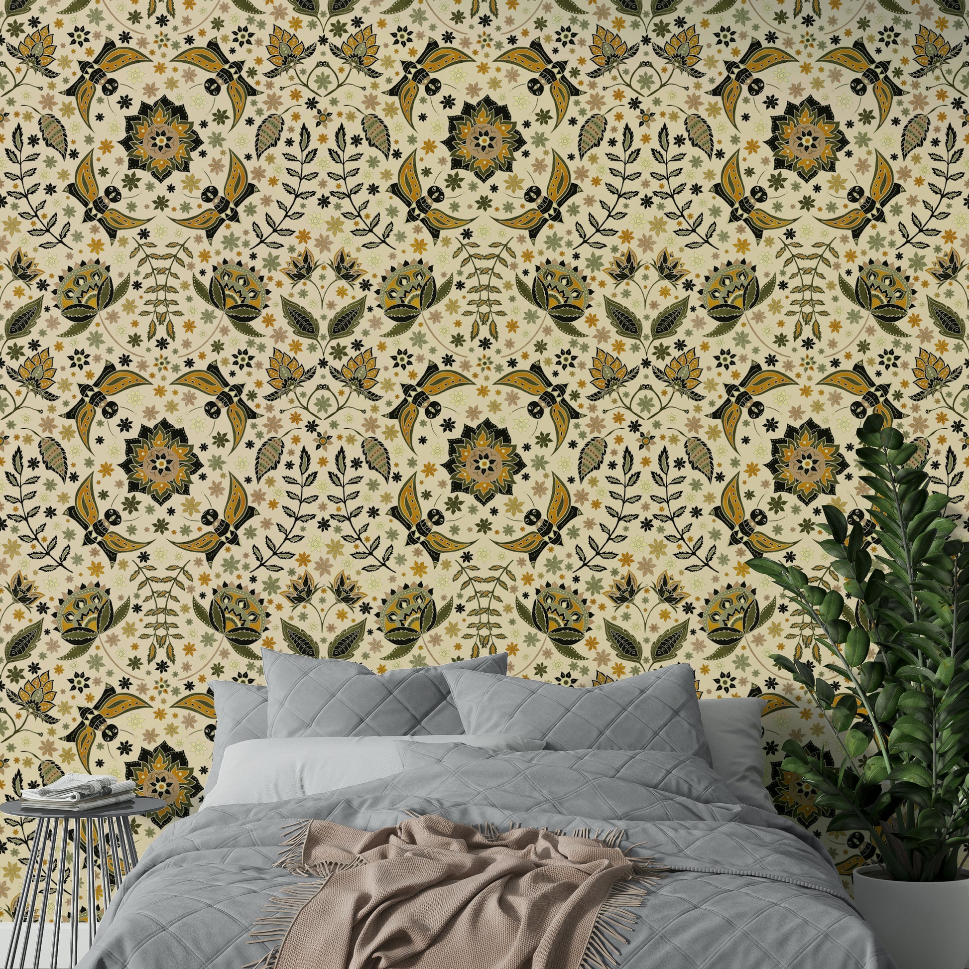 Vintage garden wallpaper with delicate golden insect motifs.

