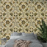 Vintage garden wallpaper with delicate golden insect motifs.

