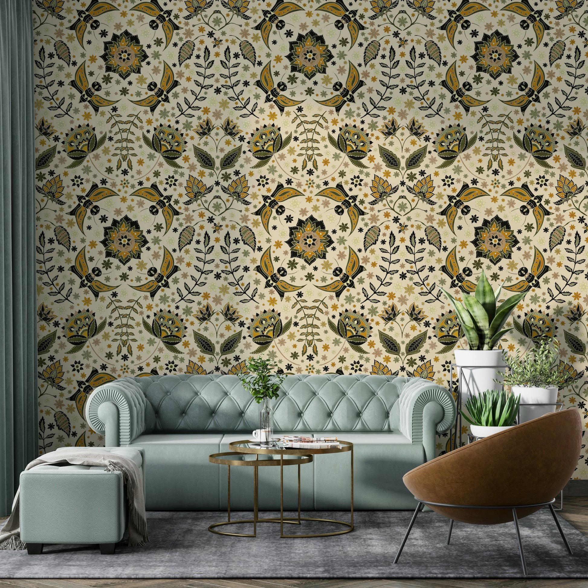 Sophisticated wallpaper with gold foil moths and soft flowers.

