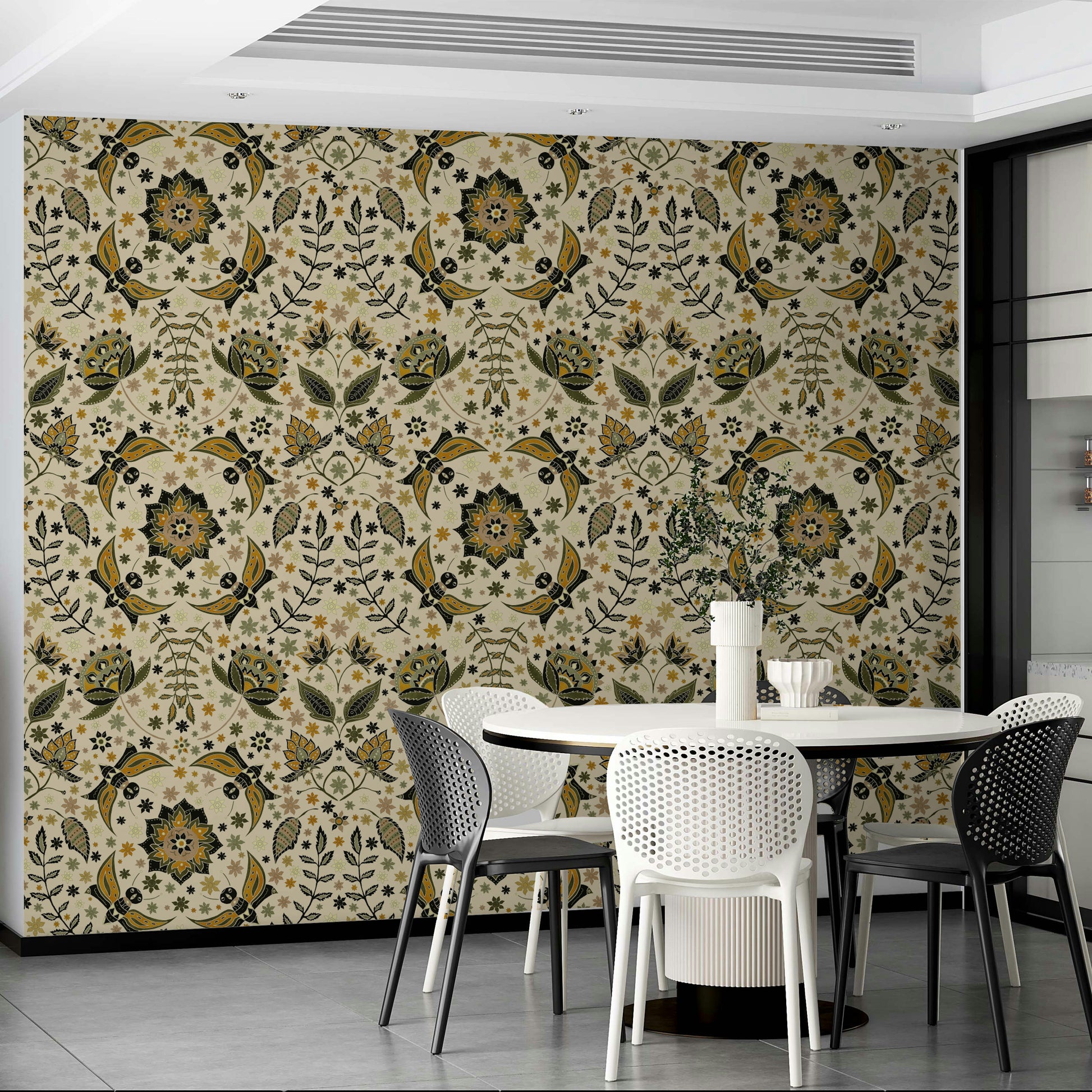 Rich botanical wallpaper adorned with glowing golden moths.

