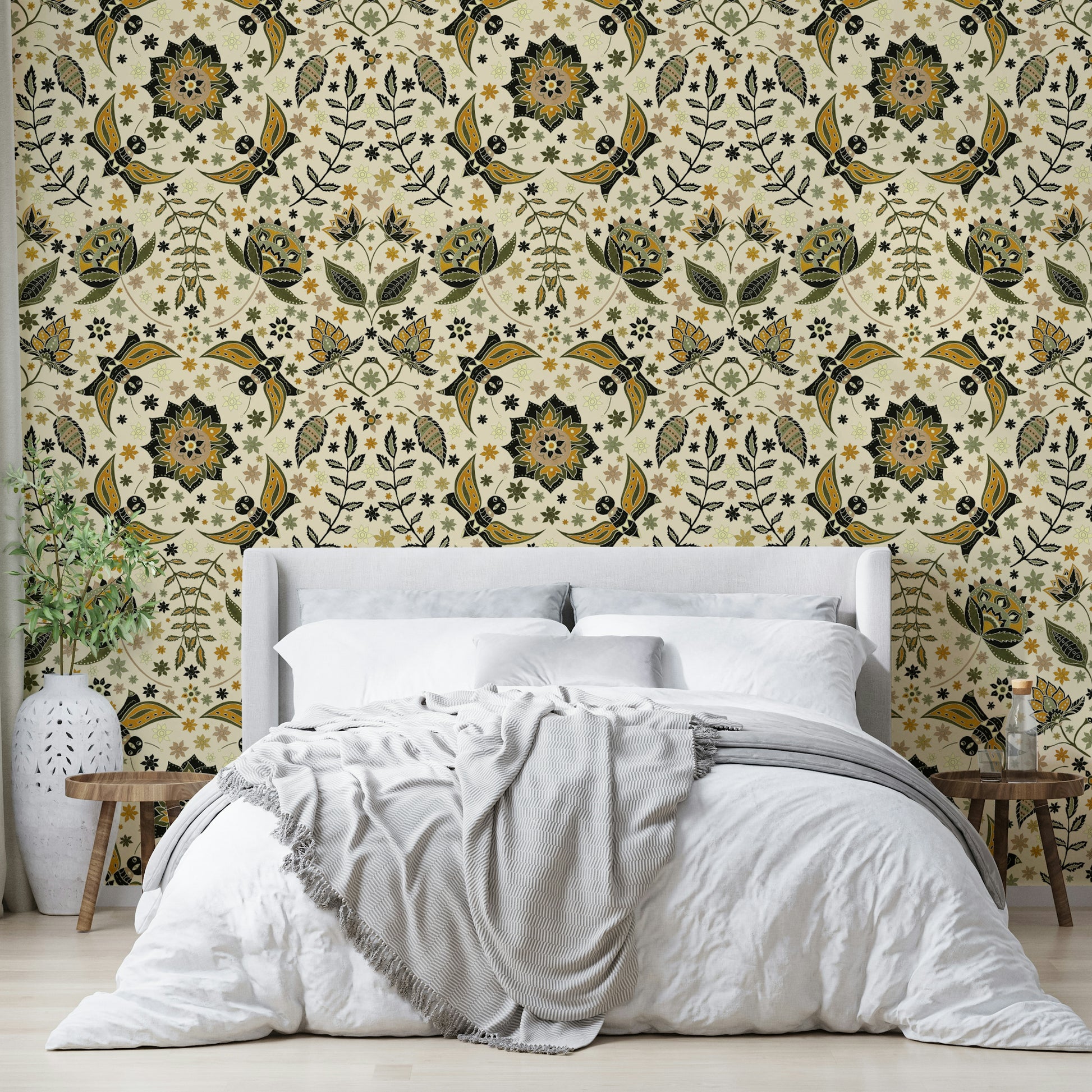 Statement wallpaper with detailed moth wings and blooming plants.

