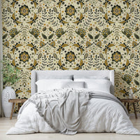 Statement wallpaper with detailed moth wings and blooming plants.


