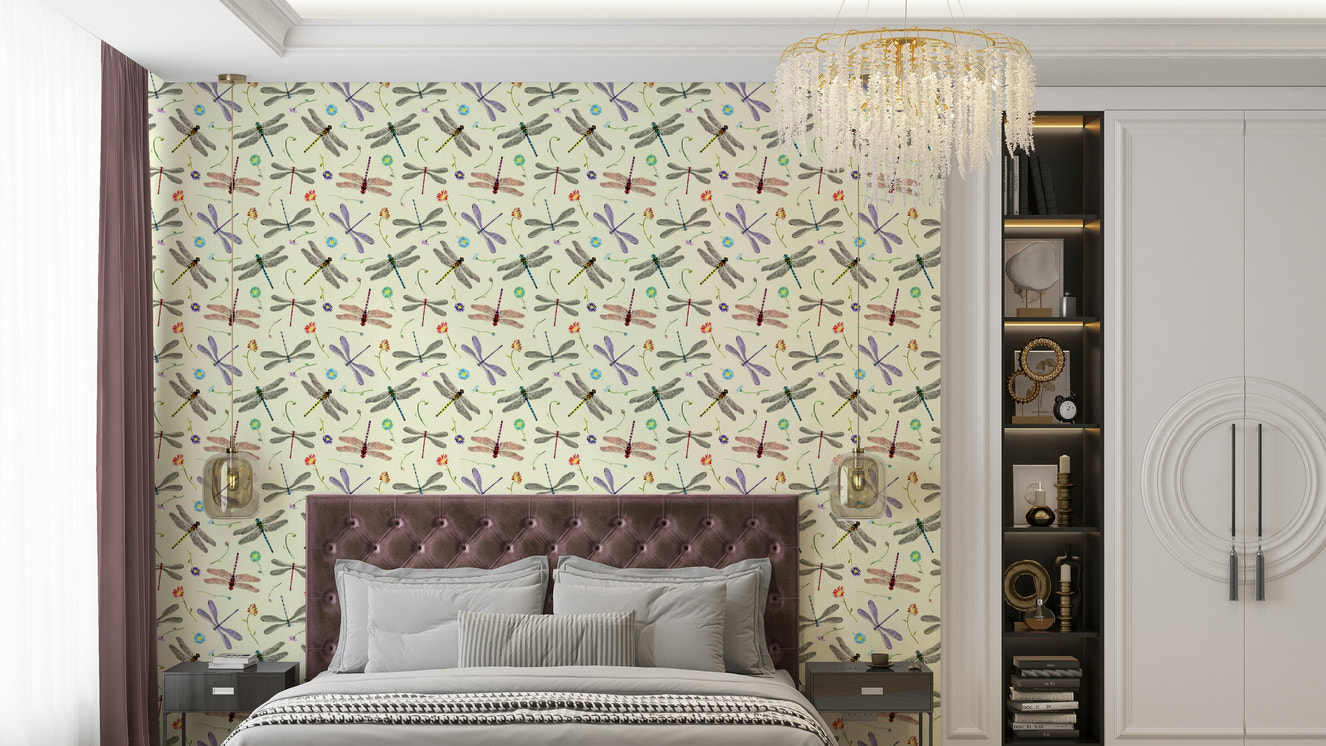 Hand-painted dragonflies with shimmering wings on soft background.

