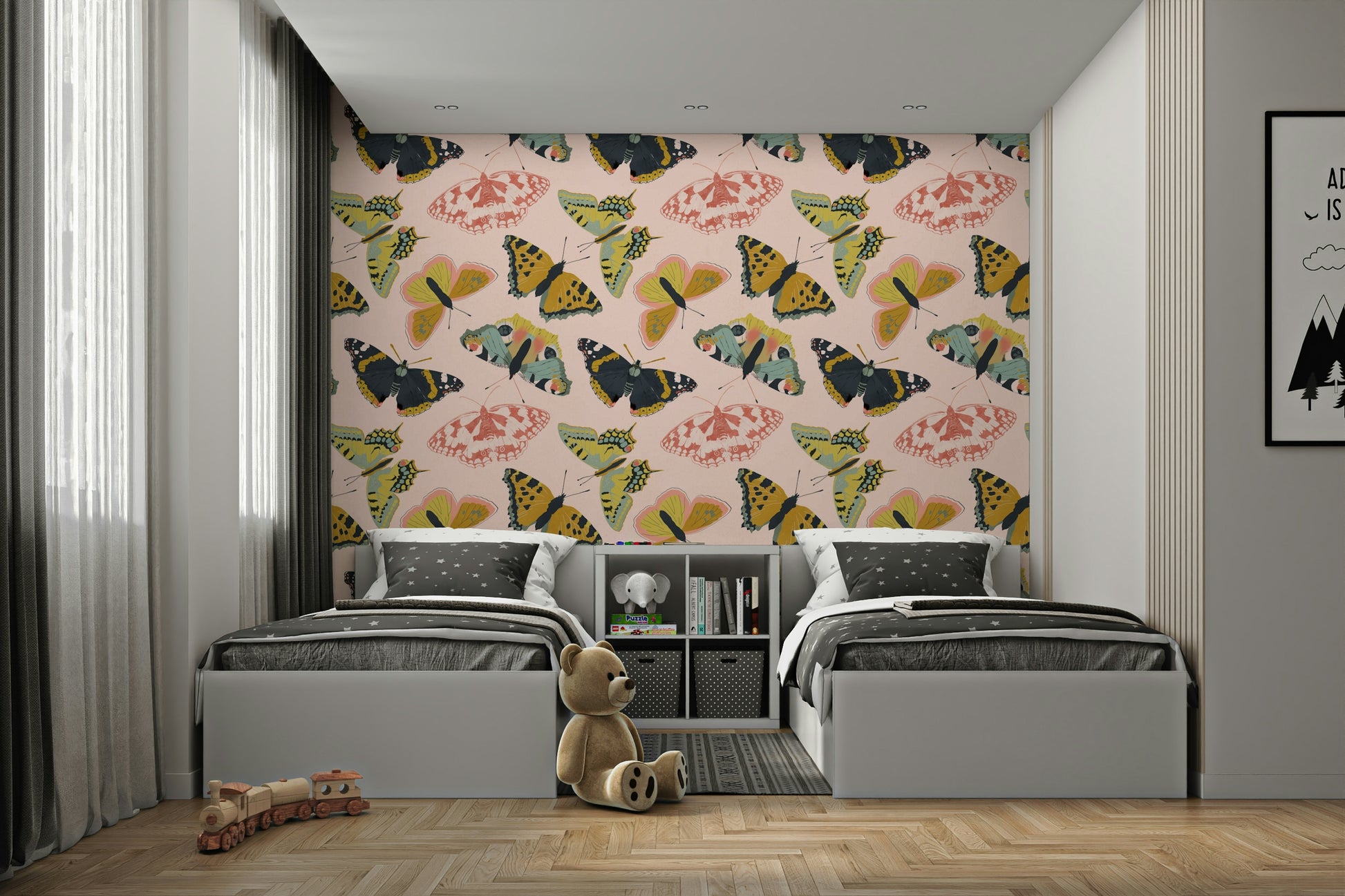 Butterflies fluttering over floral wallpaper design

