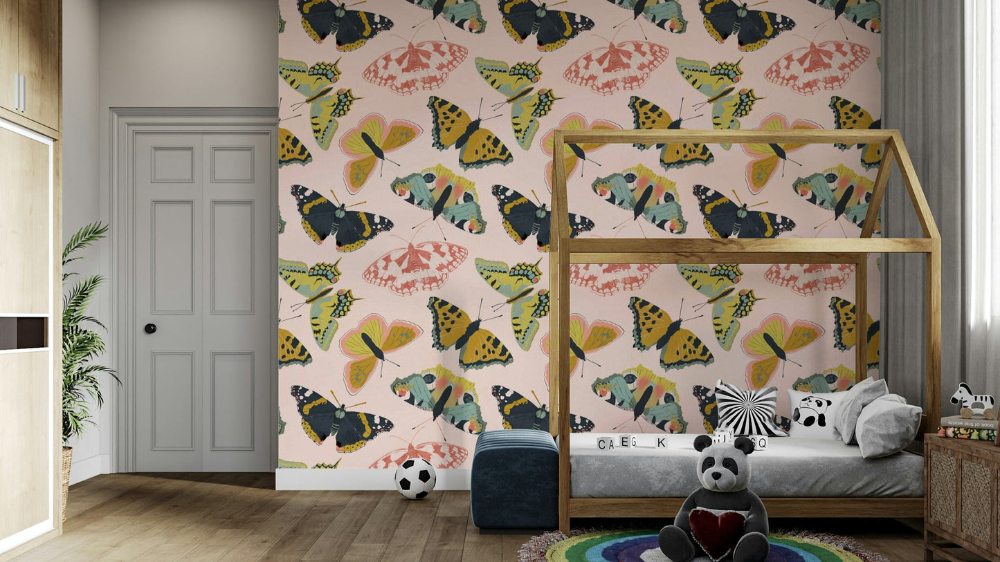 Wallpaper with butterflies and blooming flowers

