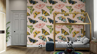 Wallpaper with butterflies and blooming flowers

