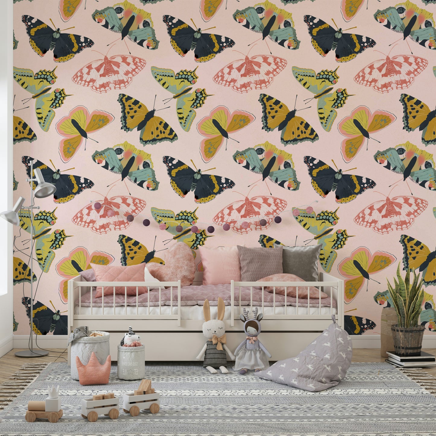 Whimsical wallpaper with butterflies and soft flowers

