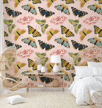 Romantic wall design with butterflies and petals

