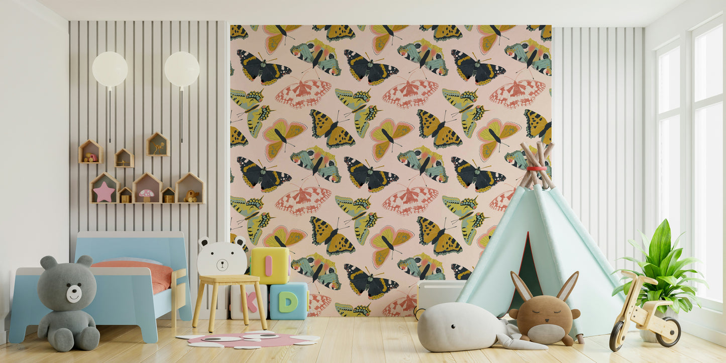 Kids’ room with butterflies and bloom wallpaper

