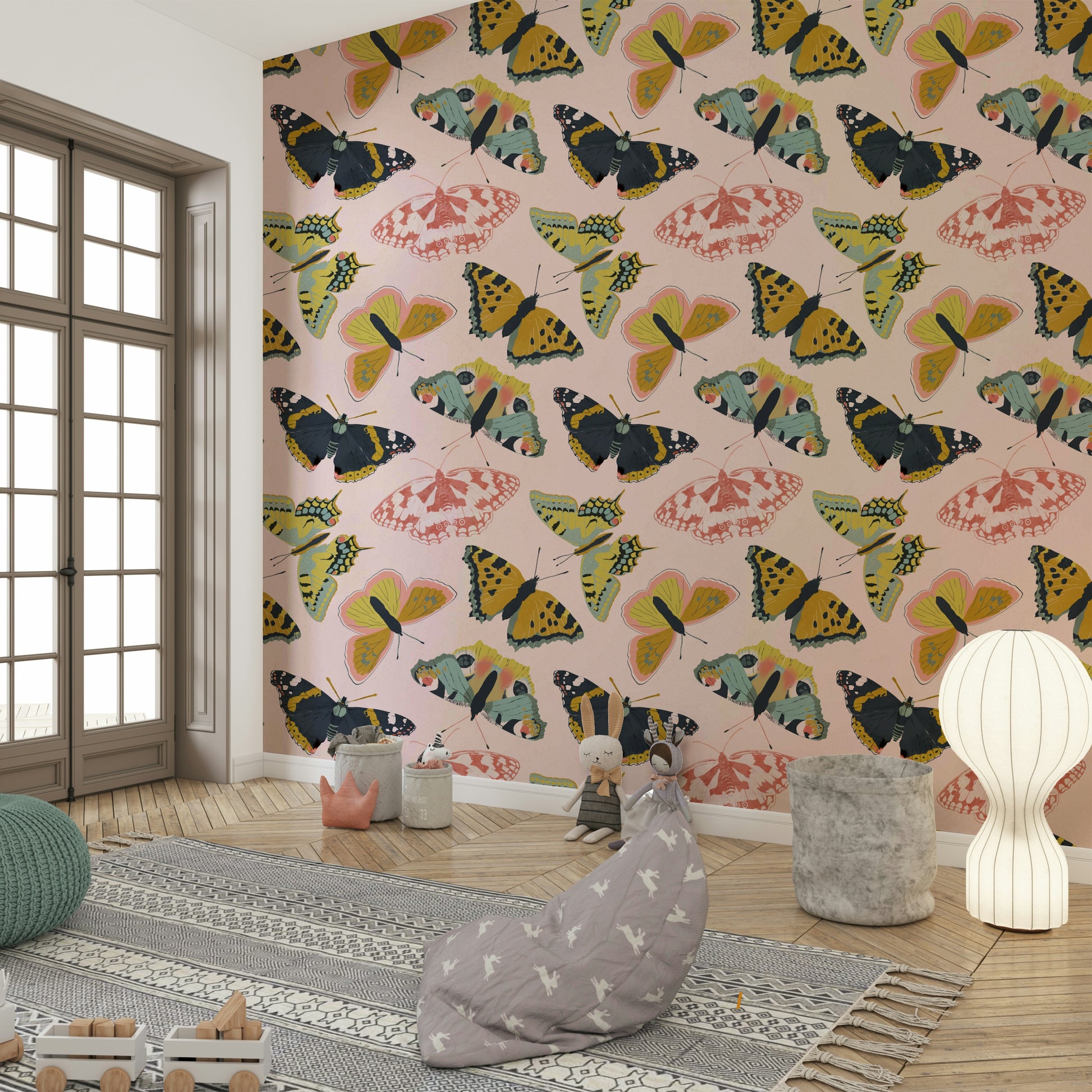 Pastel floral wallpaper with butterflies in flight

