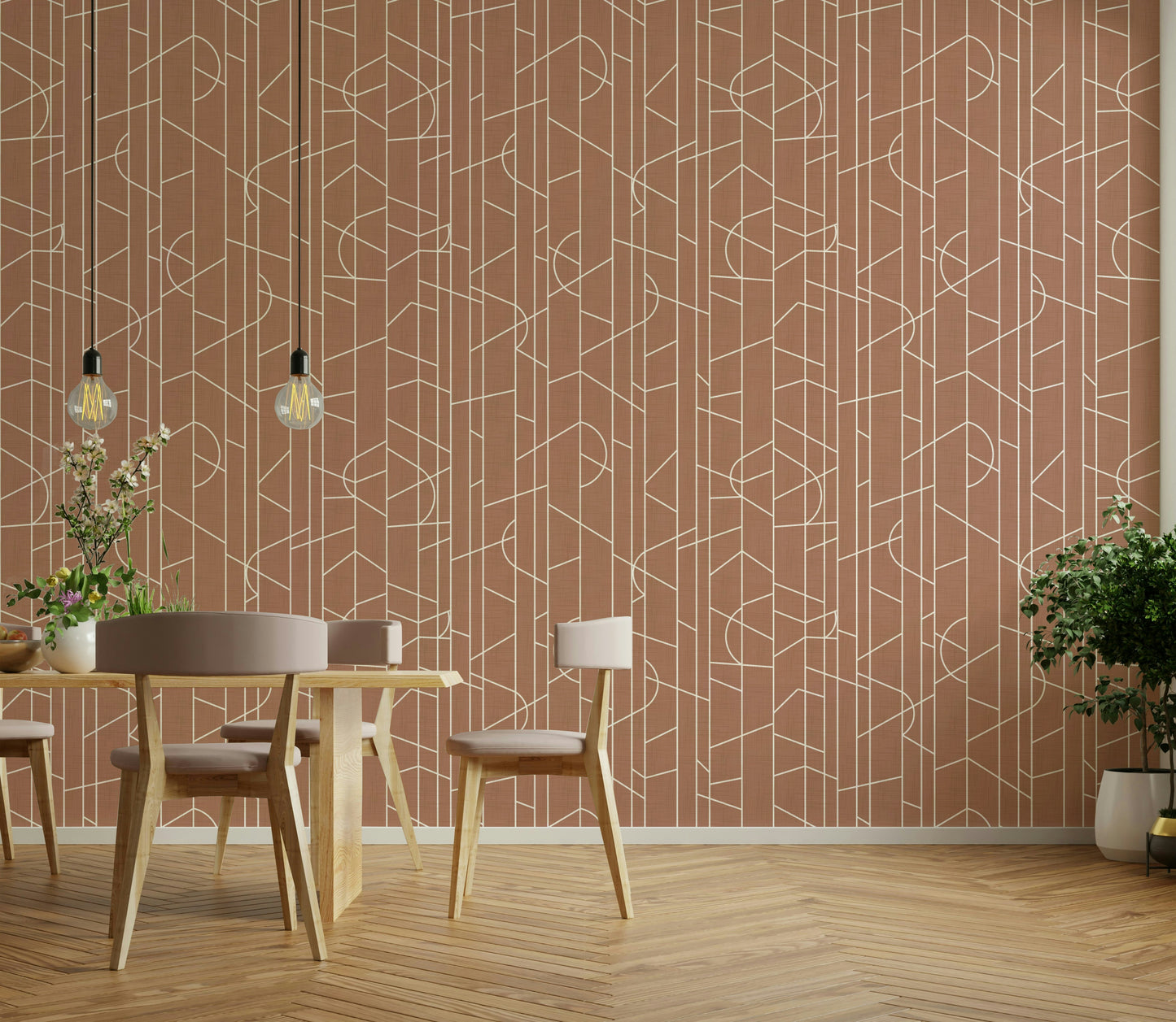 Linear patterned wallpaper in elegant mocha hues

