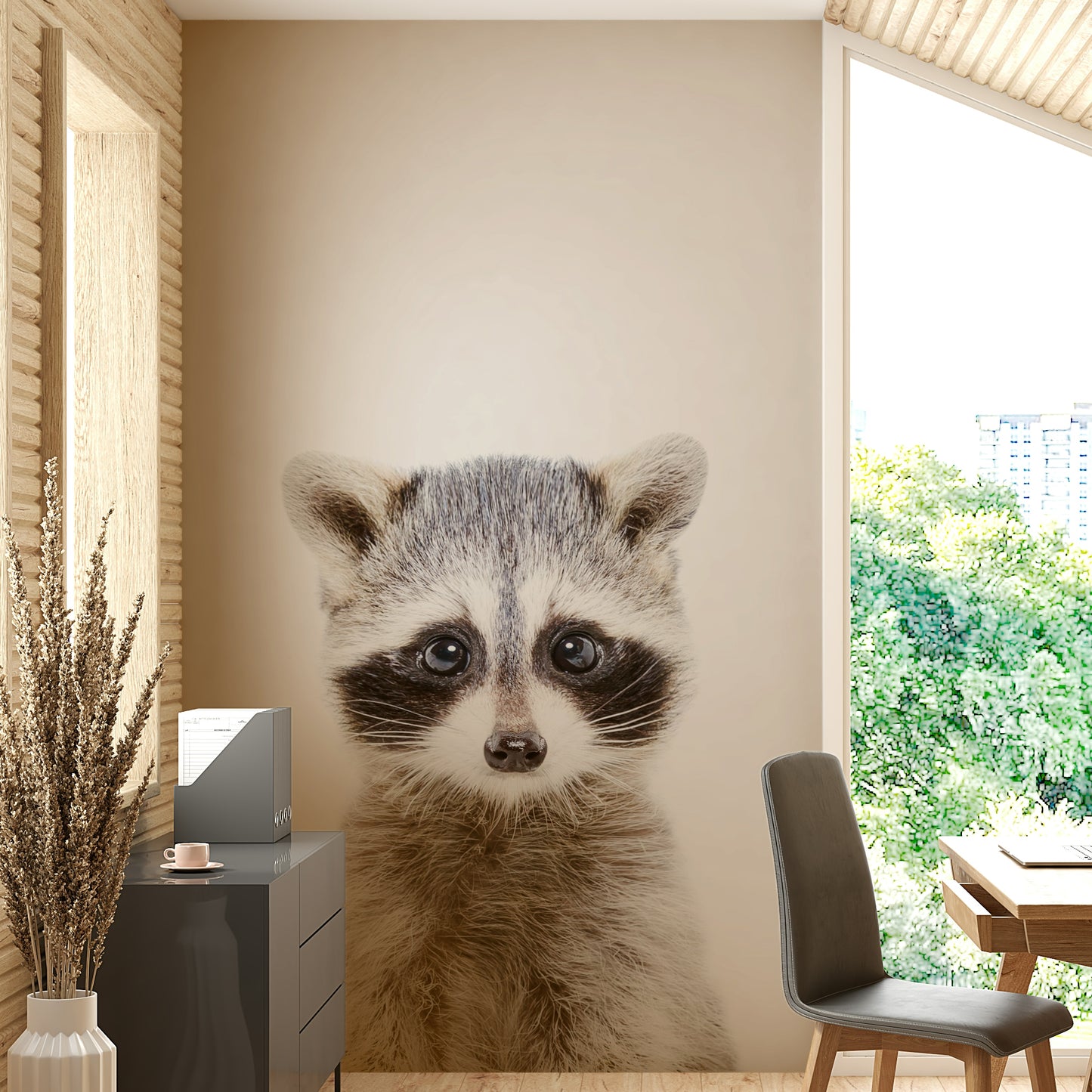Adorable raccoon illustration mural for kids’ room


