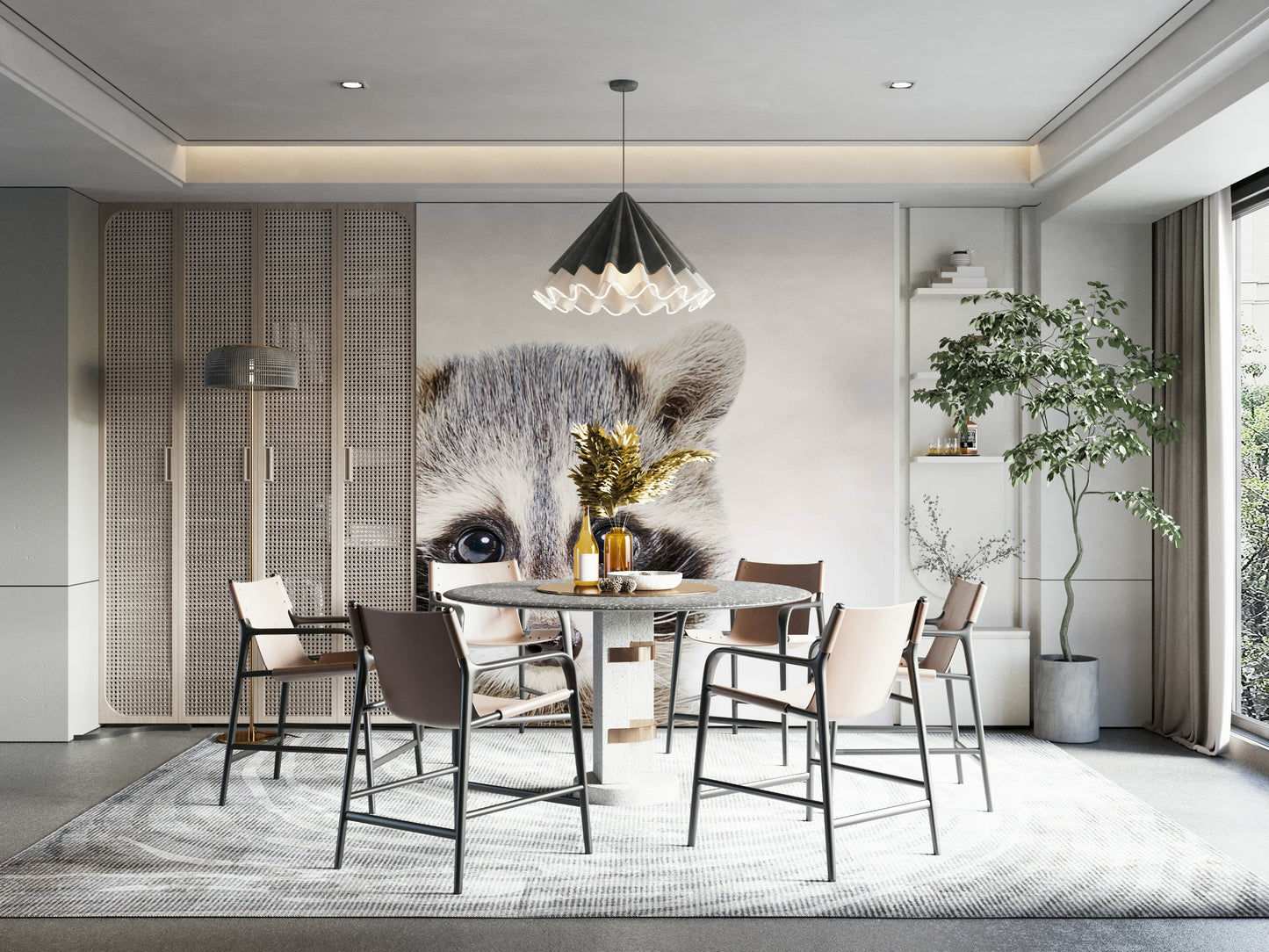 Playroom with baby raccoon and nature-themed decor

