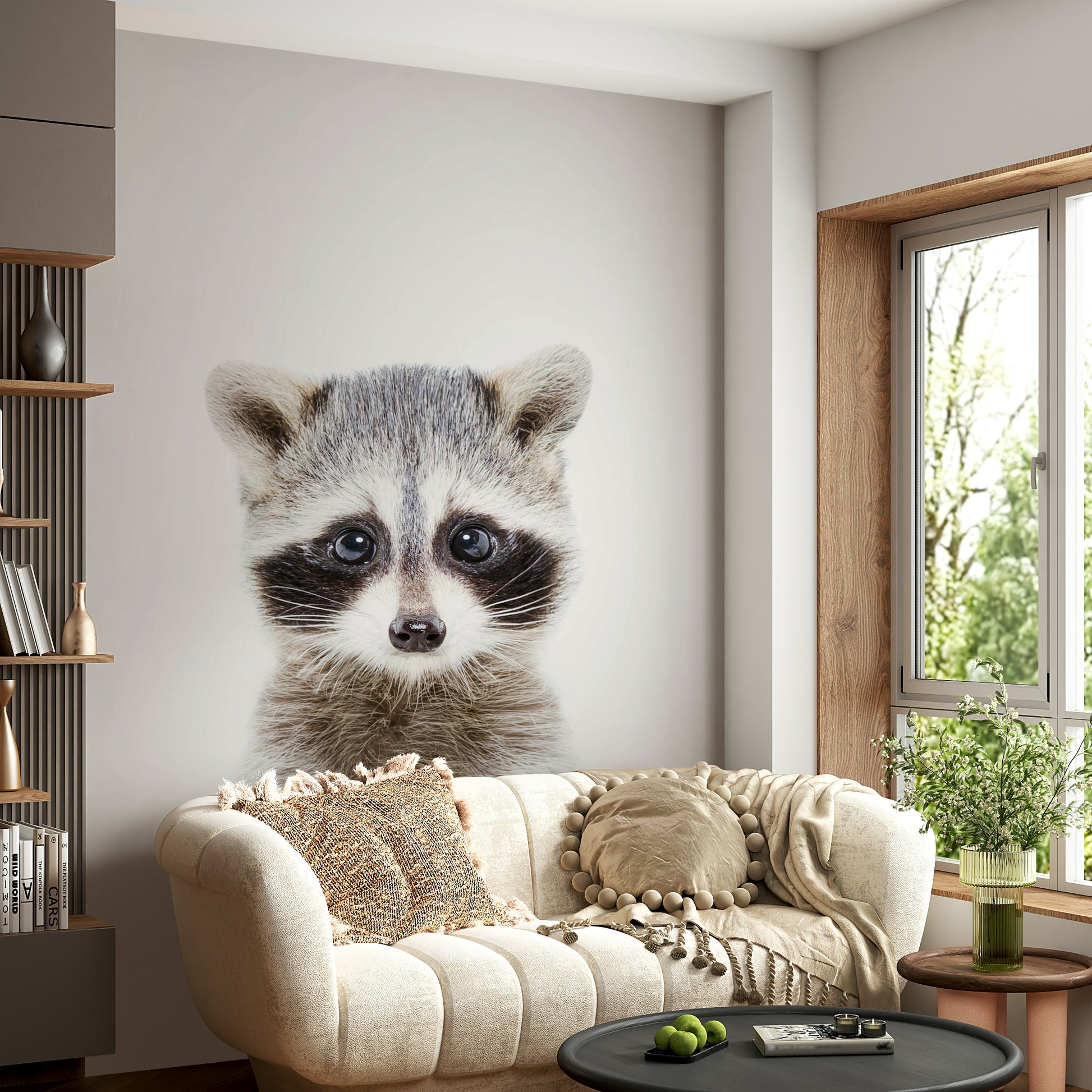 Nursery mural with baby raccoon and leafy background

