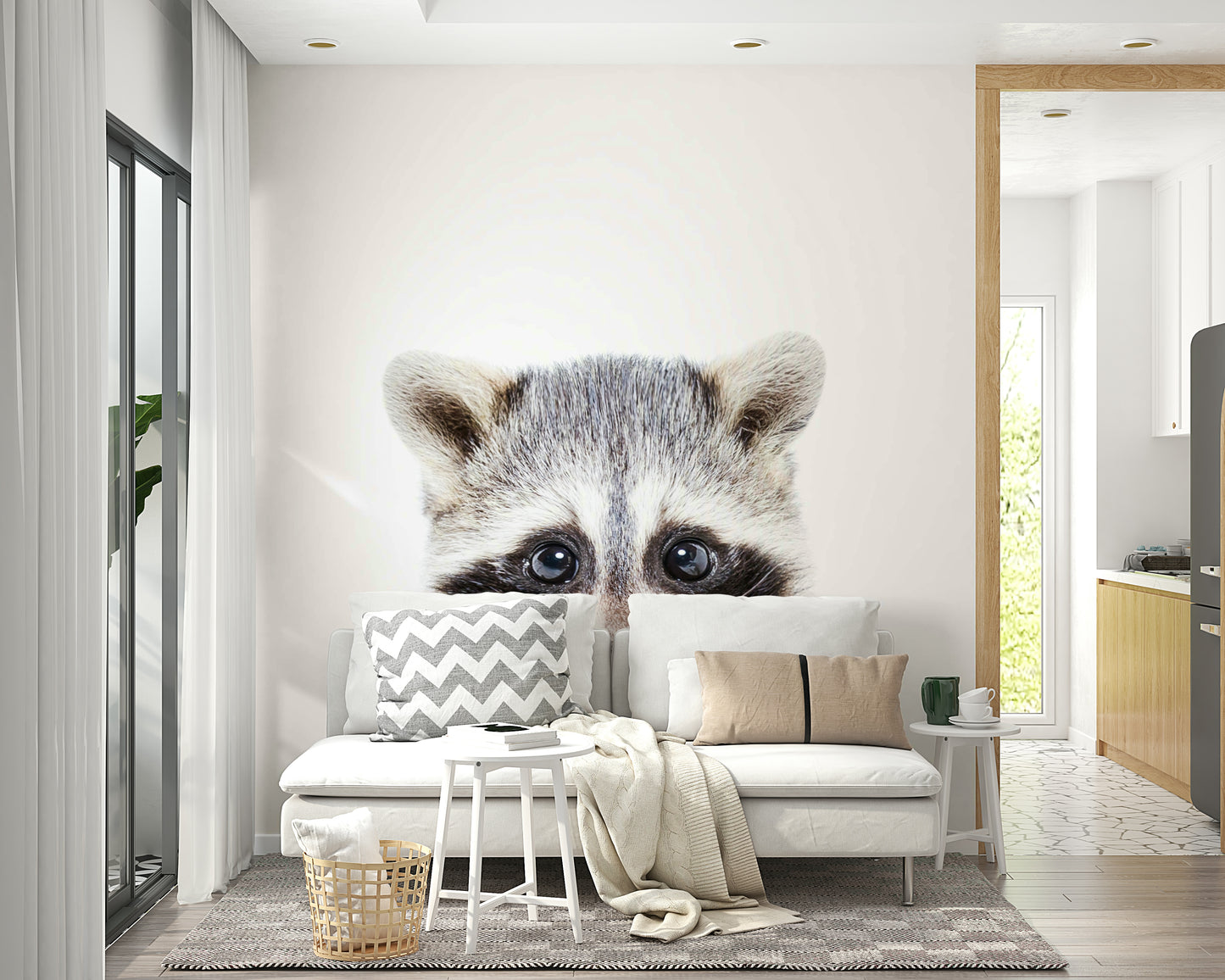 Raccoon-themed kids mural for cozy room décor

