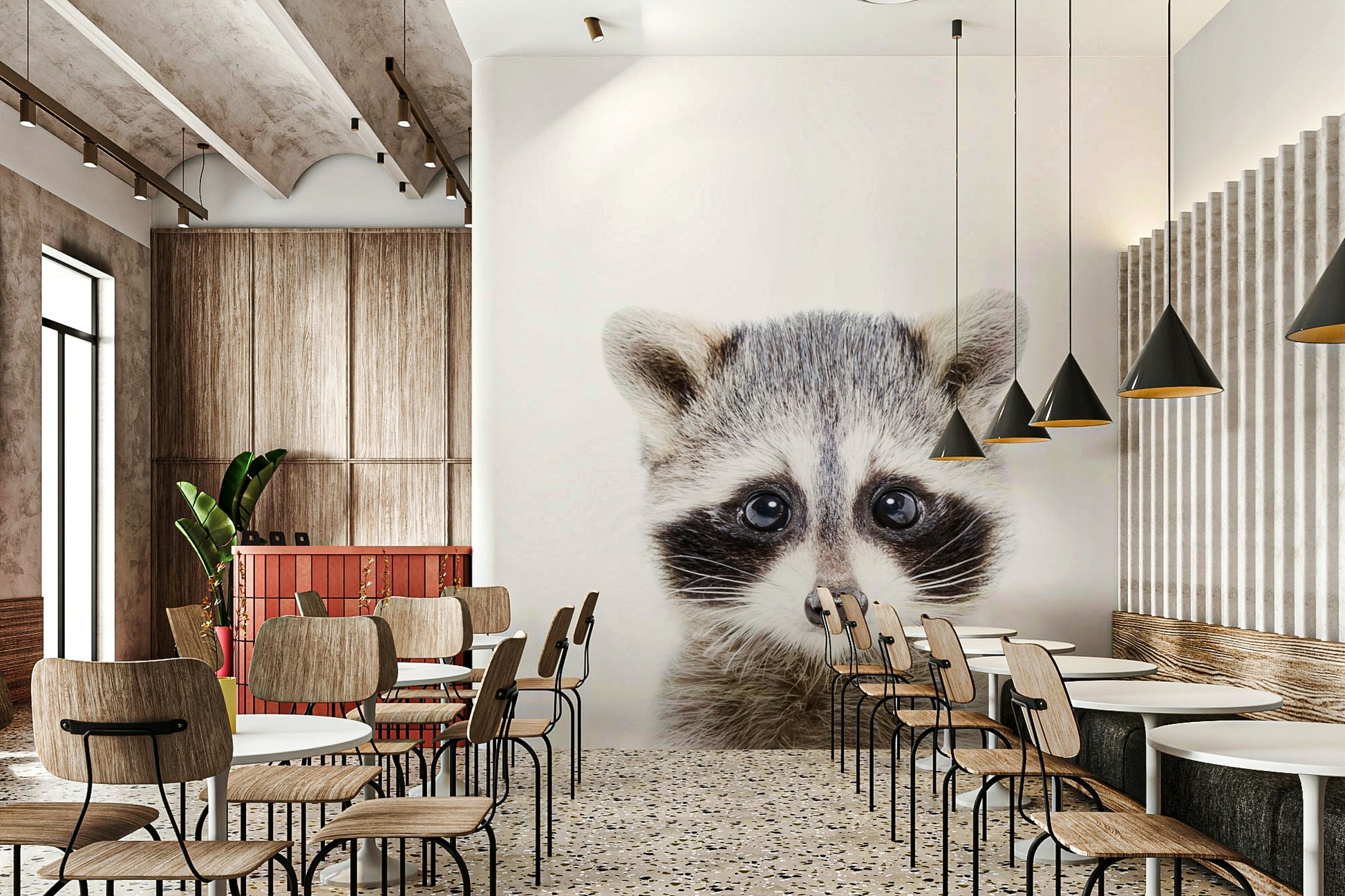 Cute baby raccoon wall mural in a woodland nursery

