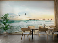 Peaceful seascape mural featuring a golden sunset

