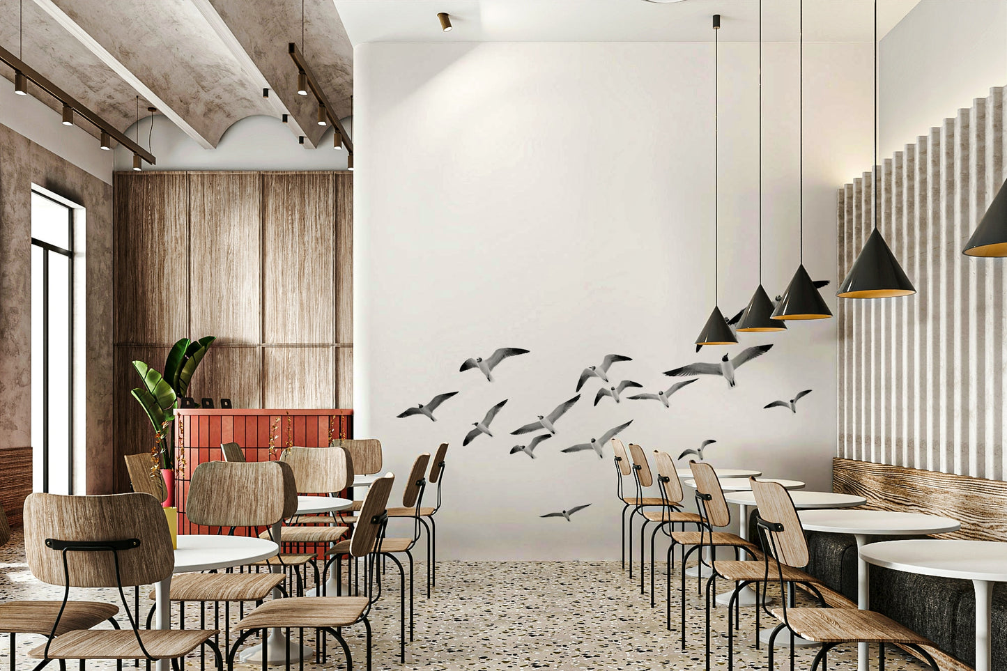 Elegant wall mural with birds in vertical flight

