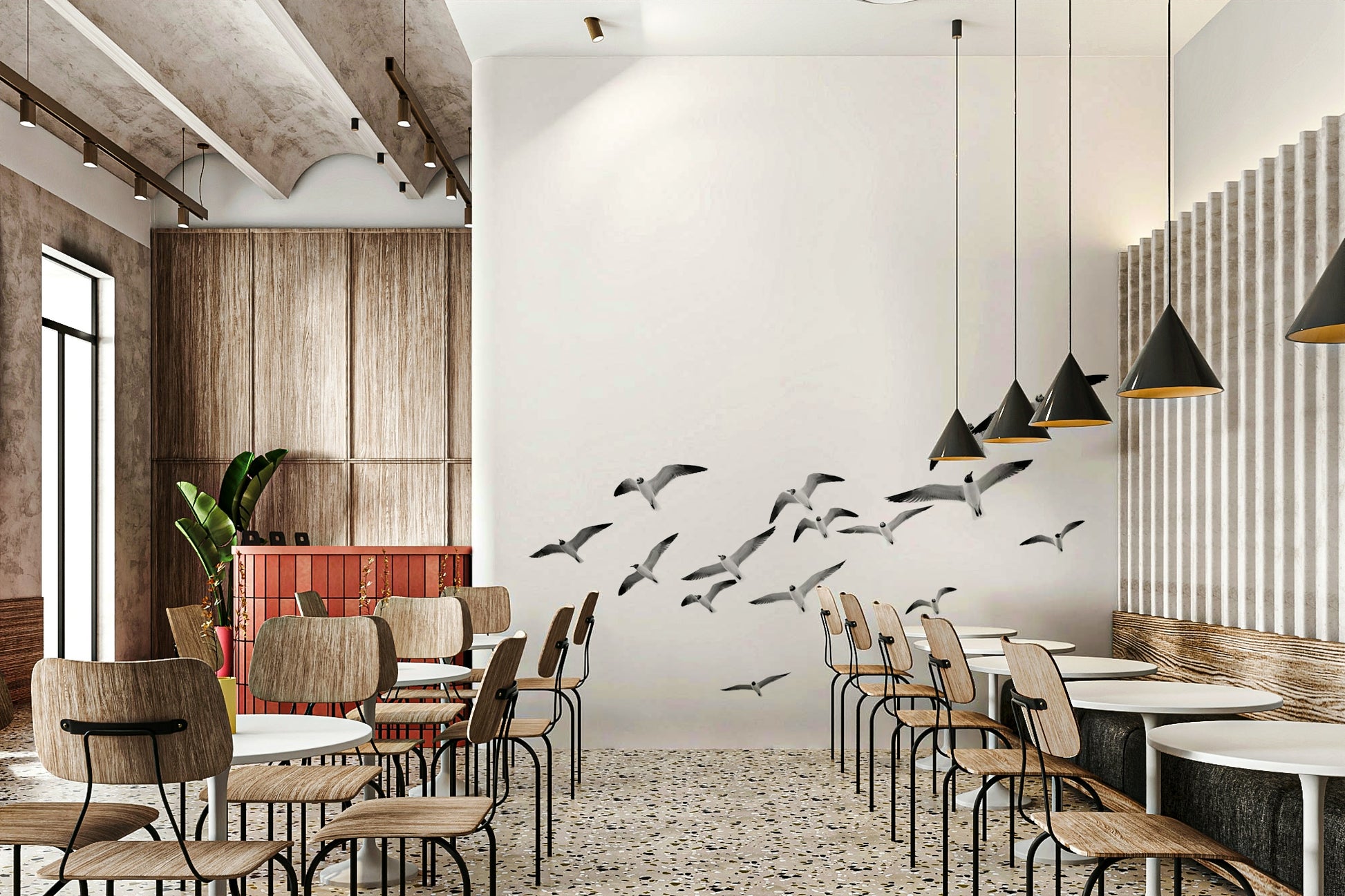 Elegant wall mural with birds in vertical flight

