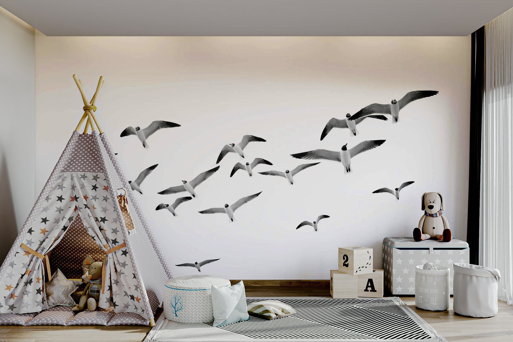Panoramic mural with flock of birds in graceful flight

