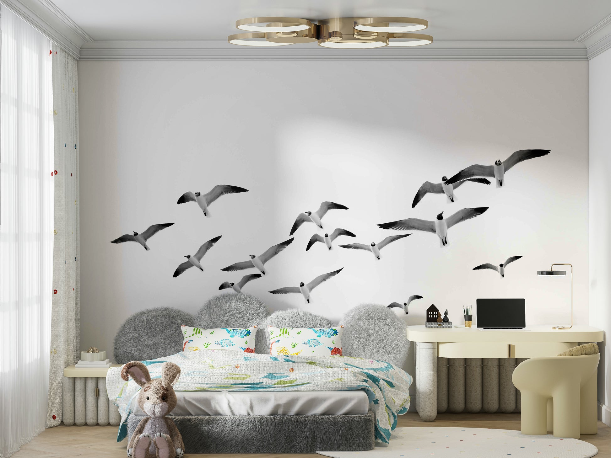Horizontal mural with silhouettes of flying birds

