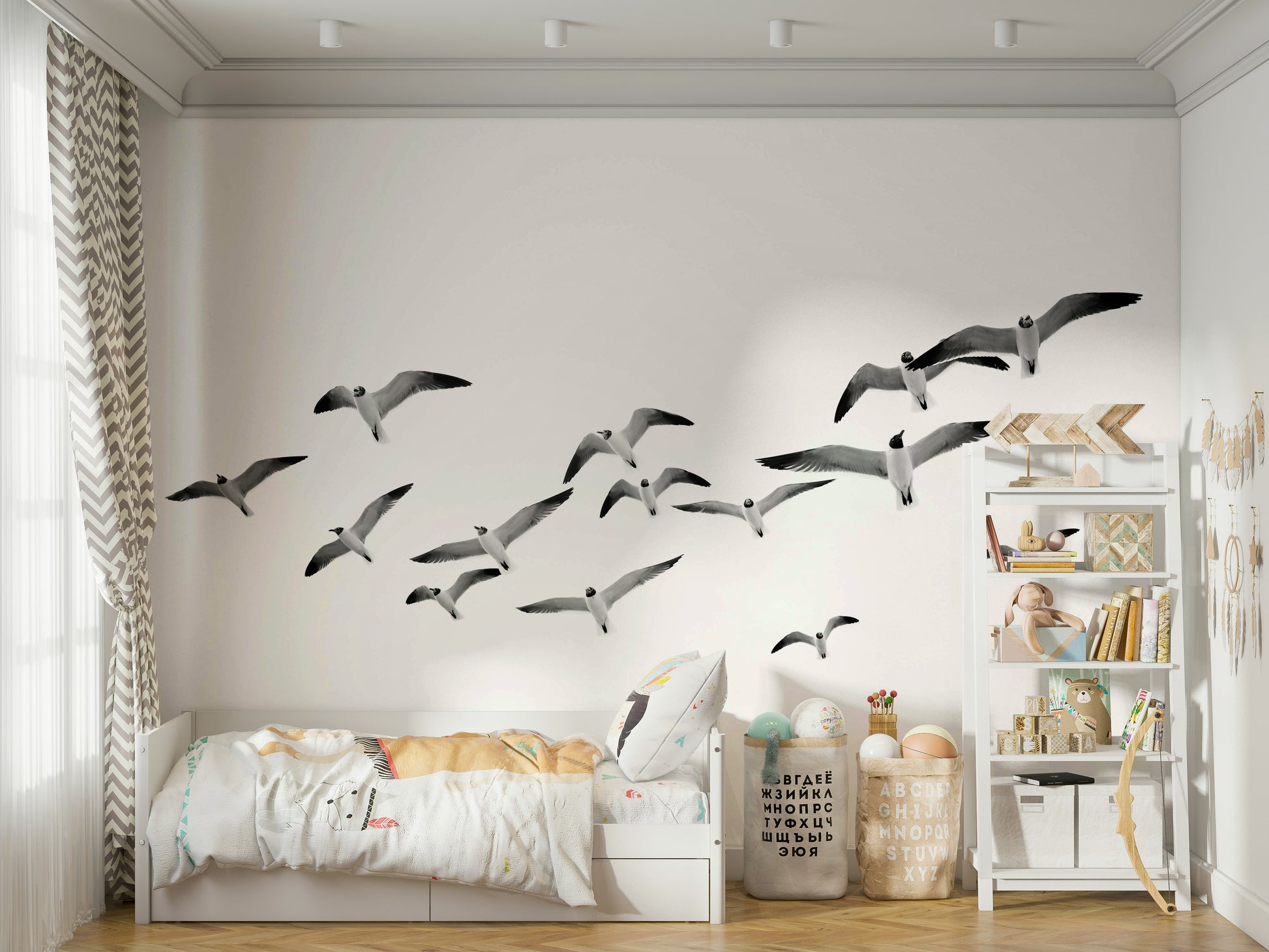 Flying birds horizontal wall mural with soft sky tones


