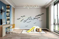 Tranquil bird mural with horizontal sky background

