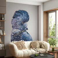 Artistic mural of black cockatoo with botanical details

