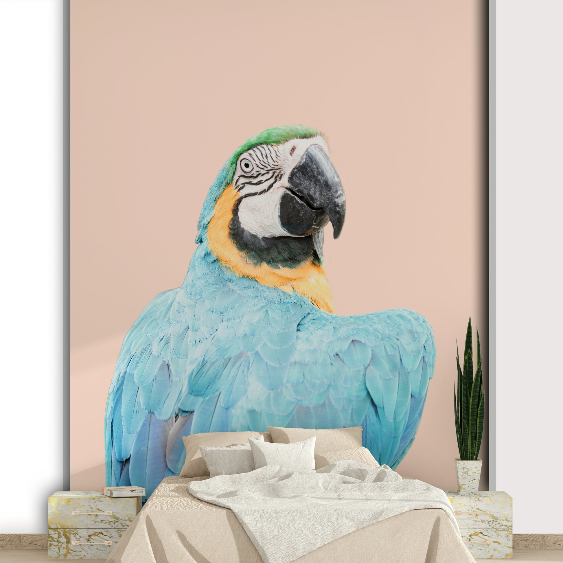 Colorful wall mural with detailed blue macaw design

