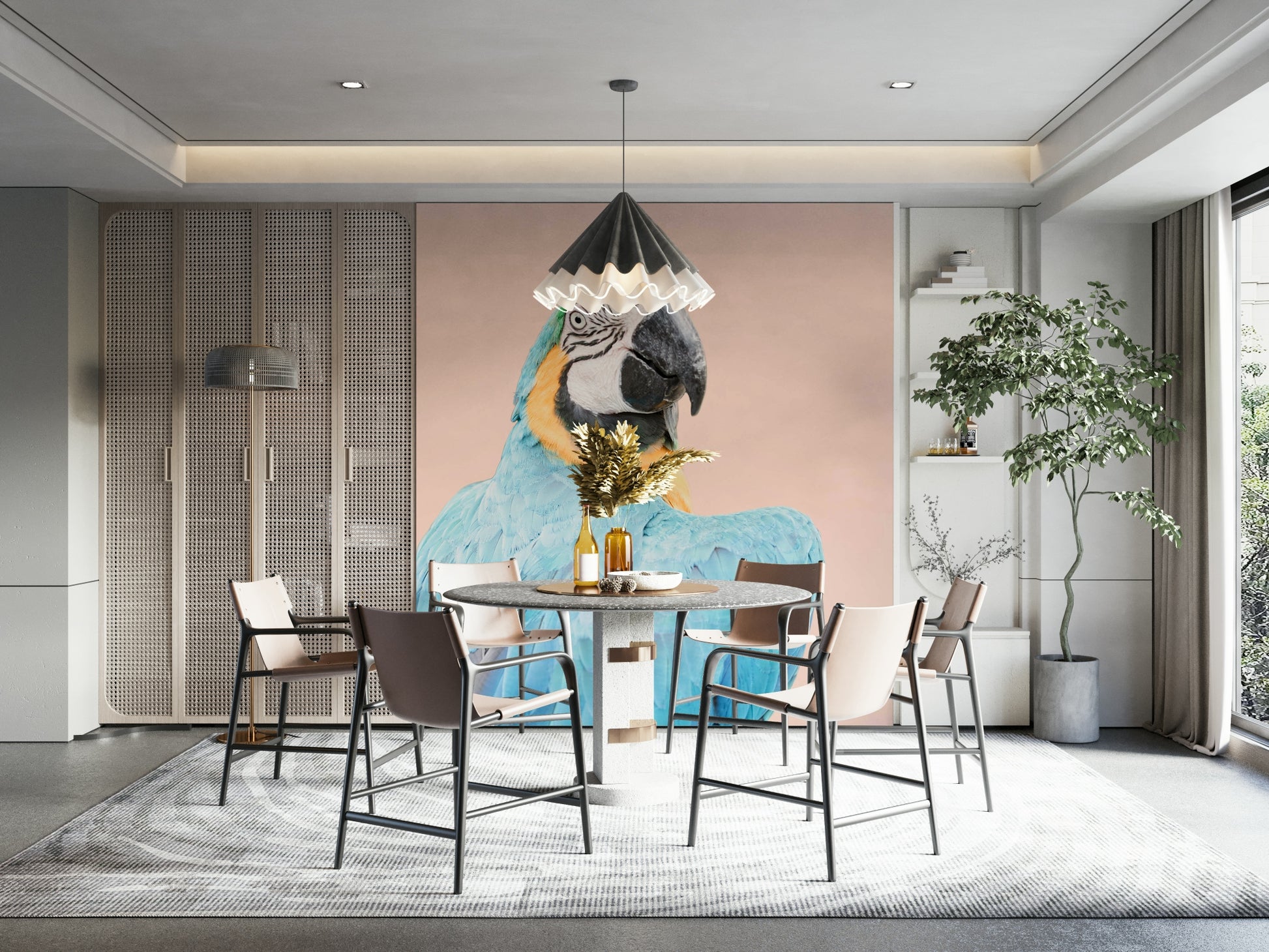 Jungle scene wall art with vivid blue macaw bird

