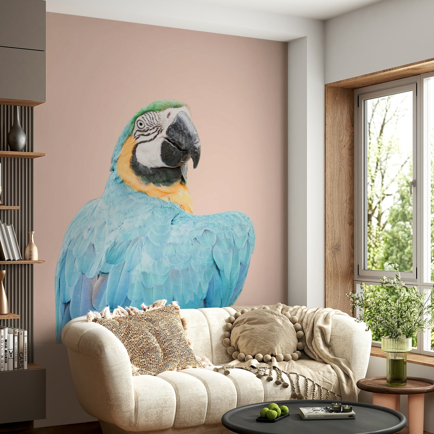 Colorful wall mural with detailed blue macaw design

