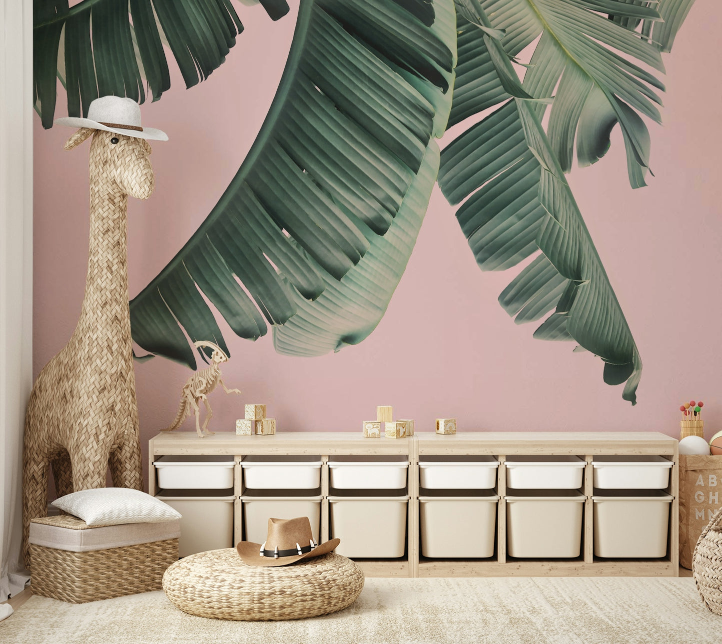Tropical-themed mural with pink and yellow palette

