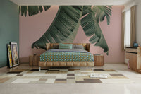 Abstract tropical mural in banana and blush colors

