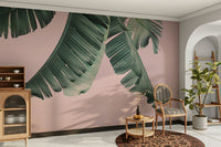 Vibrant wall mural in blush pink and banana yellow

